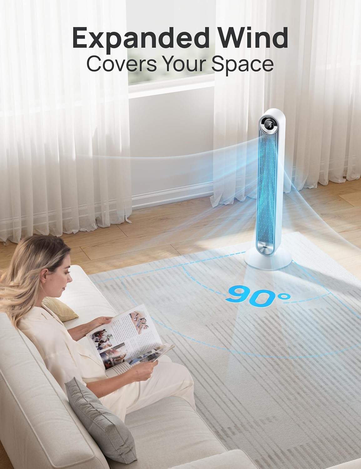 Dreo Tower Fan for Bedroom, Upgrated DC 9 Speeds Ultra-Quiet Floor Fan, 90° Oscillating Fans for Indoors with 28ft s Velocity, 12H Timer, Standing Fans, Bladeless Fan Powerful for Home Office Room12 Dreo Tower Fan for Bedroom, Upgrated DC 9 Speeds Ultra-Quiet Floor Fan, 90° Oscillating Fans for Indoors with 28ft/s Velocity, 12H Timer, Standing Fans, Bladeless Fan Powerful for Home Office Room, White