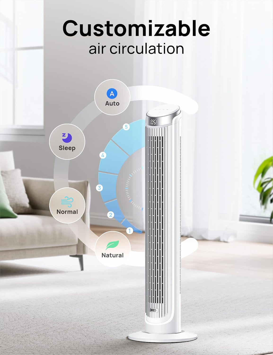 Dreo Tower Fans for Bedroom, 90°Oscillating Fans for indoors,5 Speeds 4 Modes Max 26ft s, 12H Timer, LED Display with Touch, Remote, 40 Quiet Bladeless Standing Floor Fan for Home Office, White4 Dreo Tower Fans for Bedroom, 90°Oscillating Fans for indoors,5 Speeds 4 Modes Max 26ft/s, 12H Timer, LED Display with Touch, Remote, 40" Quiet Bladeless Standing Floor Fan for Home Office, White