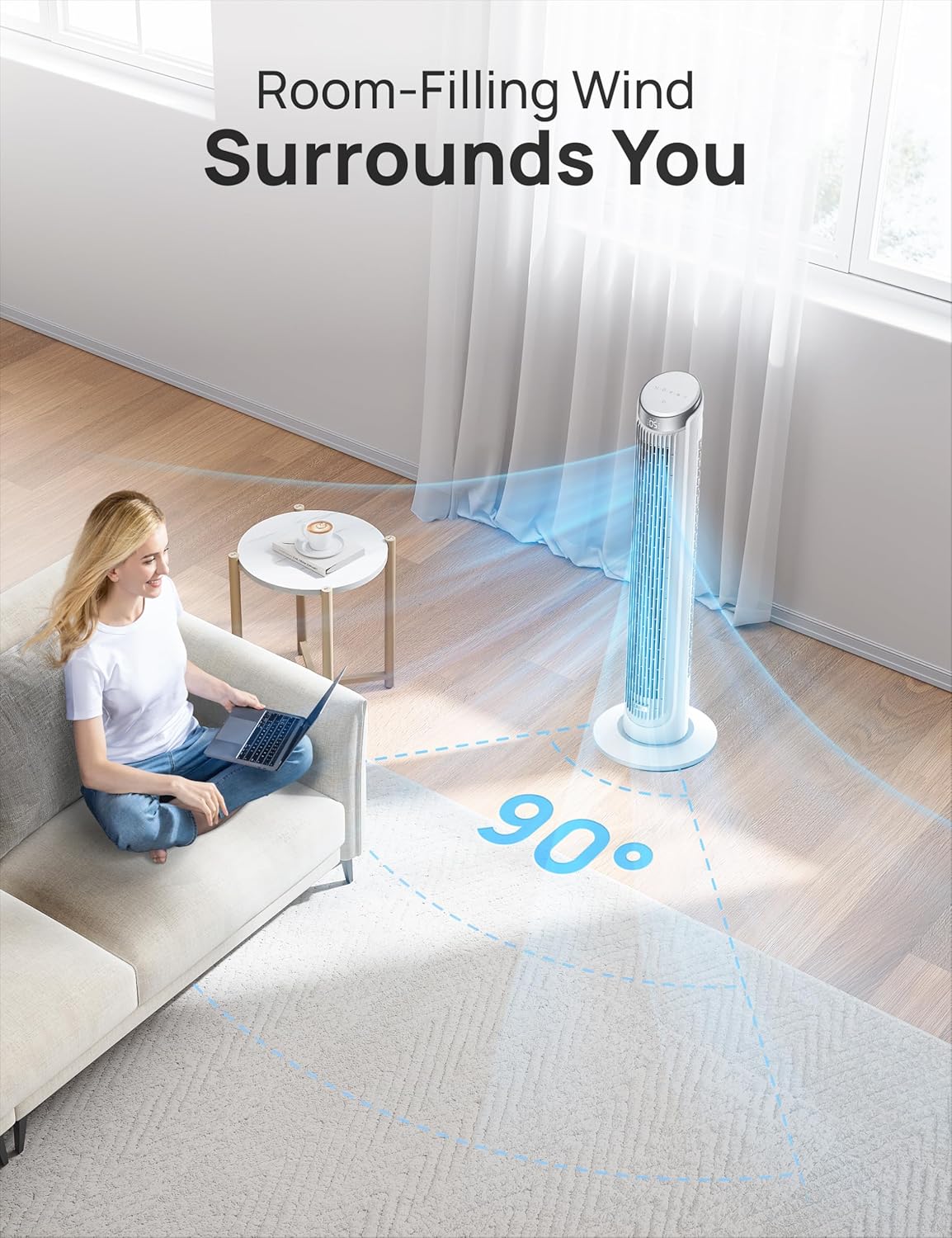 Dreo Tower Fans for Bedroom, 90°Oscillating Fans for indoors,5 Speeds 4 Modes Max 26ft s, 12H Timer, LED Display with Touch, Remote, 40 Quiet Bladeless Standing Floor Fan for Home Office, White5 Dreo Tower Fans for Bedroom, 90°Oscillating Fans for indoors,5 Speeds 4 Modes Max 26ft/s, 12H Timer, LED Display with Touch, Remote, 40" Quiet Bladeless Standing Floor Fan for Home Office, White