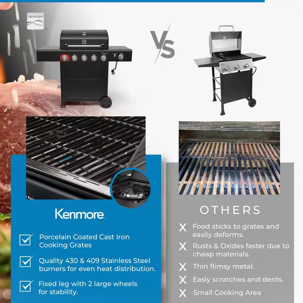 KENMORE PG-40522S0LH-1 BBQ Propane Gas Grill-5 Burners with Side Burner 3_11zon KENMORE PG-40522S0LH-1 BBQ Propane Gas Grill-5 Burners with Side Burner and Searing Zone, 644 sq. in. Stainless Steel Grill, 66,000 BTU, Black