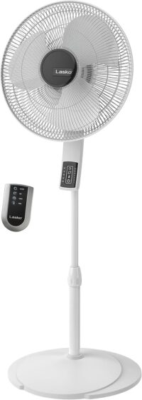 Lasko Oscillating Pedestal Fan, Thermostat, Adjustable Height, Remote Control, Timer, 4 Speeds, for Bedroom, Living Room, Office & Dorm, 16", White, S16614