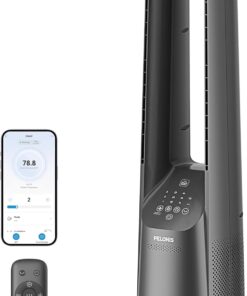 PELONIS 40" Smart Bladeless Fan for Bedrrom - Tower Fan, Alexa/Google/WiFi, DC Motor, 6 Speeds, 4 Modes, Remote, 7H Timer, 90° Oscillation, Safe for Home and Office, Grey