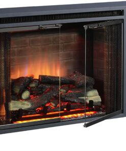 PuraFlame Klaus Electric Fireplace Insert with Fire Crackling Sound, Glass Door and Mesh Screen, 750/1500W, Black, 29 15/16 Inches Wide, 23 3/16 Inches High