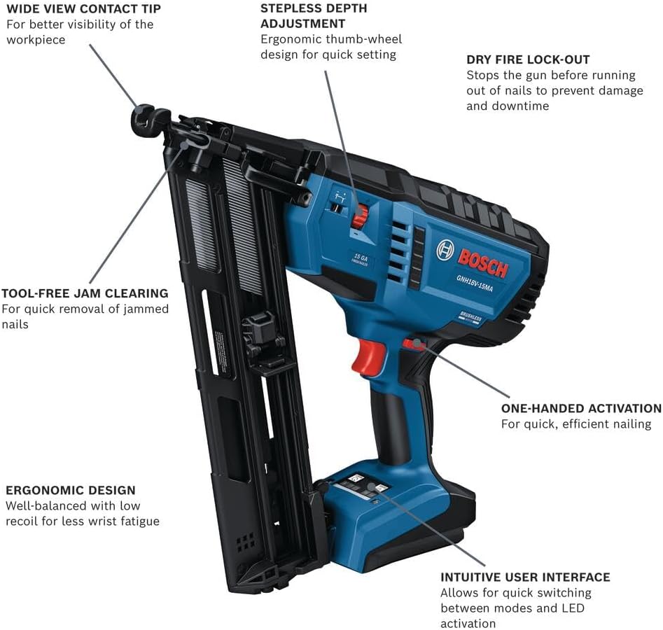 BOSCH GNH18V-15MAB12 18V Brushless 15-Gauge Angled Finish Nailer - Cordless Power 1 BOSCH GNH18V-15MAB12 18V Brushless 15-Gauge Angled Finish Nailer - Cordless Power