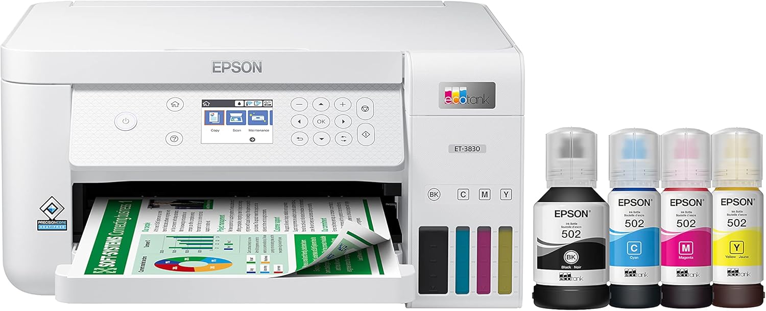 Epson EcoTank ET-3830 Wireless Color All-in-One Cartridge-Free Supertank Printer with Scan, Copy, Auto 2-Sided Printing and Ethernet – The Perfect Printer Productive Families,White Epson EcoTank ET-3830 Wireless Color All-in-One Cartridge-Free Supertank Printer with Scan, Copy, Auto 2-Sided Printing and Ethernet – The Perfect Printer Productive Families,White