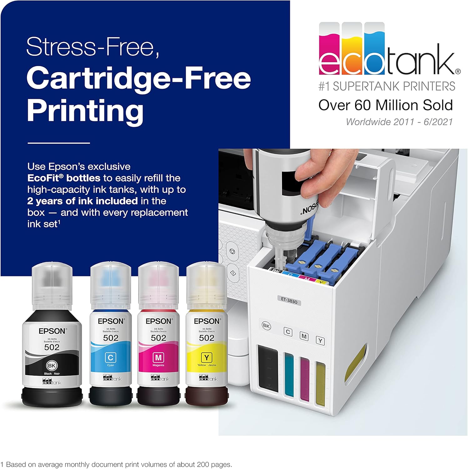 Epson EcoTank ET-3830 Wireless Color All-in-One Cartridge-Free Supertank Printer with Scan, Copy, Auto 2-Sided Printing and Ethernet – The Perfect Printer Productive Families,White1 Epson EcoTank ET-3830 Wireless Color All-in-One Cartridge-Free Supertank Printer with Scan, Copy, Auto 2-Sided Printing and Ethernet – The Perfect Printer Productive Families,White