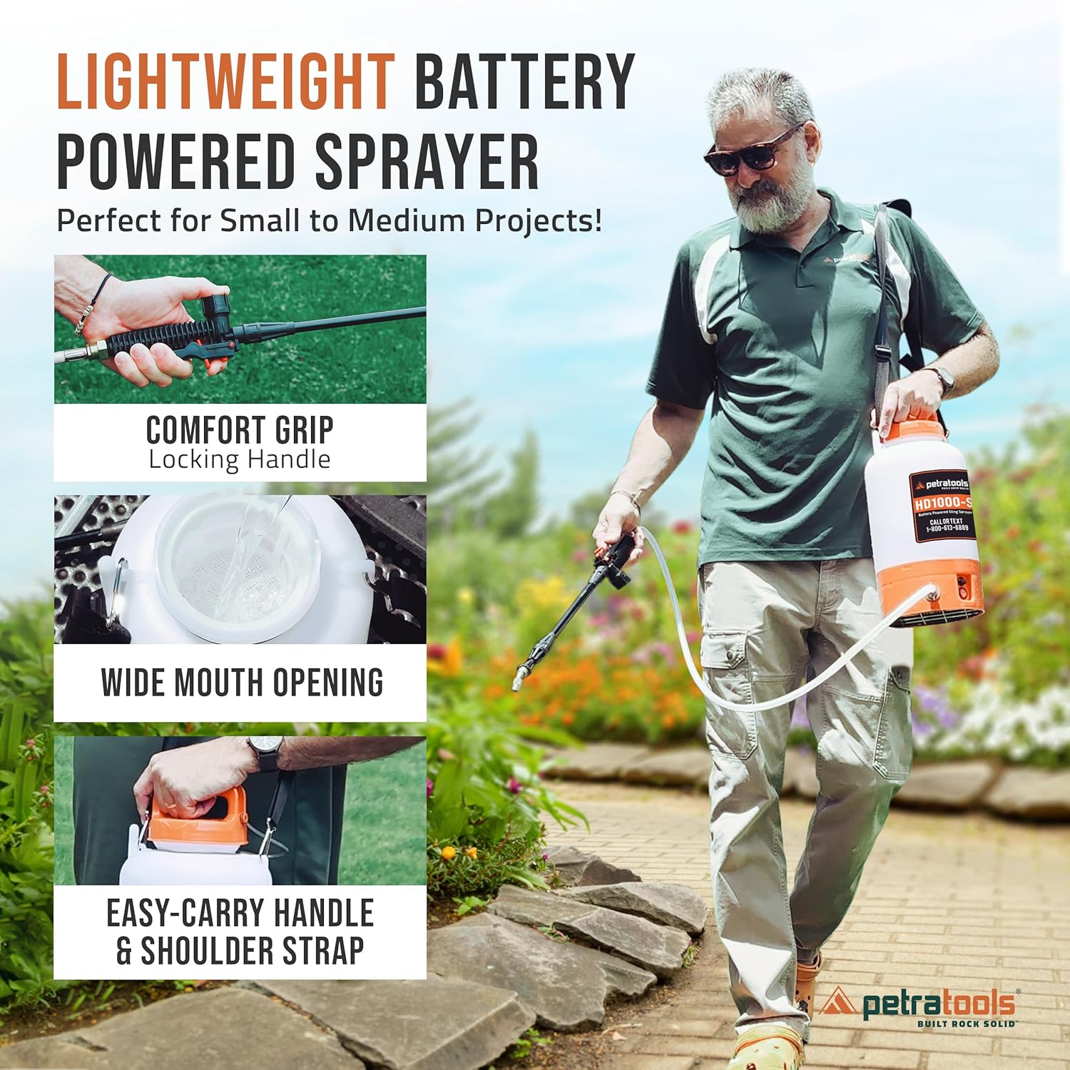 PetraTools Battery Powered Sprayer 1 Gallon - HD1000-S - Heavy Duty Electric Sprayer for Lawn and Garden Weed Pest Control, Watering - with Battery, Charger & 2 Nozzles (1 Gallon)1 PetraTools Battery Powered Sprayer 1 Gallon - HD1000-S - Heavy Duty Electric Sprayer for Lawn and Garden Weed/Pest Control, Watering - with Battery, Charger & 2 Nozzles (1 Gallon)