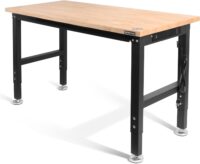 WORKPRO 48" Adjustable Workbench, Rubber Wood Top Heavy-Duty Workstation, 2000 LBS Load Capacity Hardwood Worktable with Power Outlets, for Workshop, Garage
