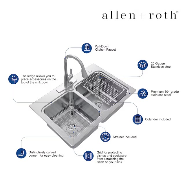 allen + roth VT3322LA0 Hoffman Drop-in or undermount 33-in x 22-in Stainless steel Double equal bowl 20 -Gauge Kitchen Sink All-in-One Kit67_11zon allen + roth VT3322LA0 Hoffman Drop-in or undermount 33-in x 22-in Stainless steel Double equal bowl 20 -Gauge Kitchen Sink All-in-One Kit