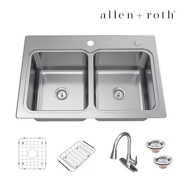 allen + roth VT3322LA0 Hoffman Drop-in or undermount 33-in x 22-in Stainless steel Double equal bowl 20 -Gauge Kitchen Sink All-in-One Kit_11zon allen + roth VT3322LA0 Hoffman Drop-in or undermount 33-in x 22-in Stainless steel Double equal bowl 20 -Gauge Kitchen Sink All-in-One Kit