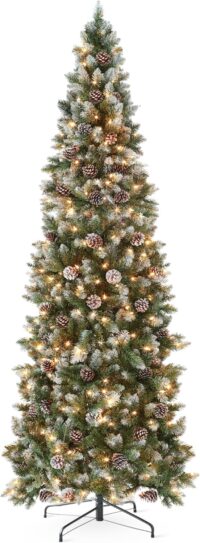 Best Choice Products 12ft Pre-lit Pencil Christmas Tree, Partially Flocked & Frosted Slim Holiday Tree Decoration, Skinny Xmas Tree, 700 Lights, 1,818 Frosted Tips, 128 Pine Cones, Foldable Stand