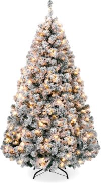 Best Choice Products Pre-Lit Artificial Christmas Tree, 7.5ft Snow Flocked Design Pine Tree, Full Appearance Snowy w/Easy Assembly, Metal Stand