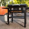 Blackstone 1883 Original 28” Griddle with Integrated Protective Hood and Counter Height Side Shelves, Powder Coated Steel, Black