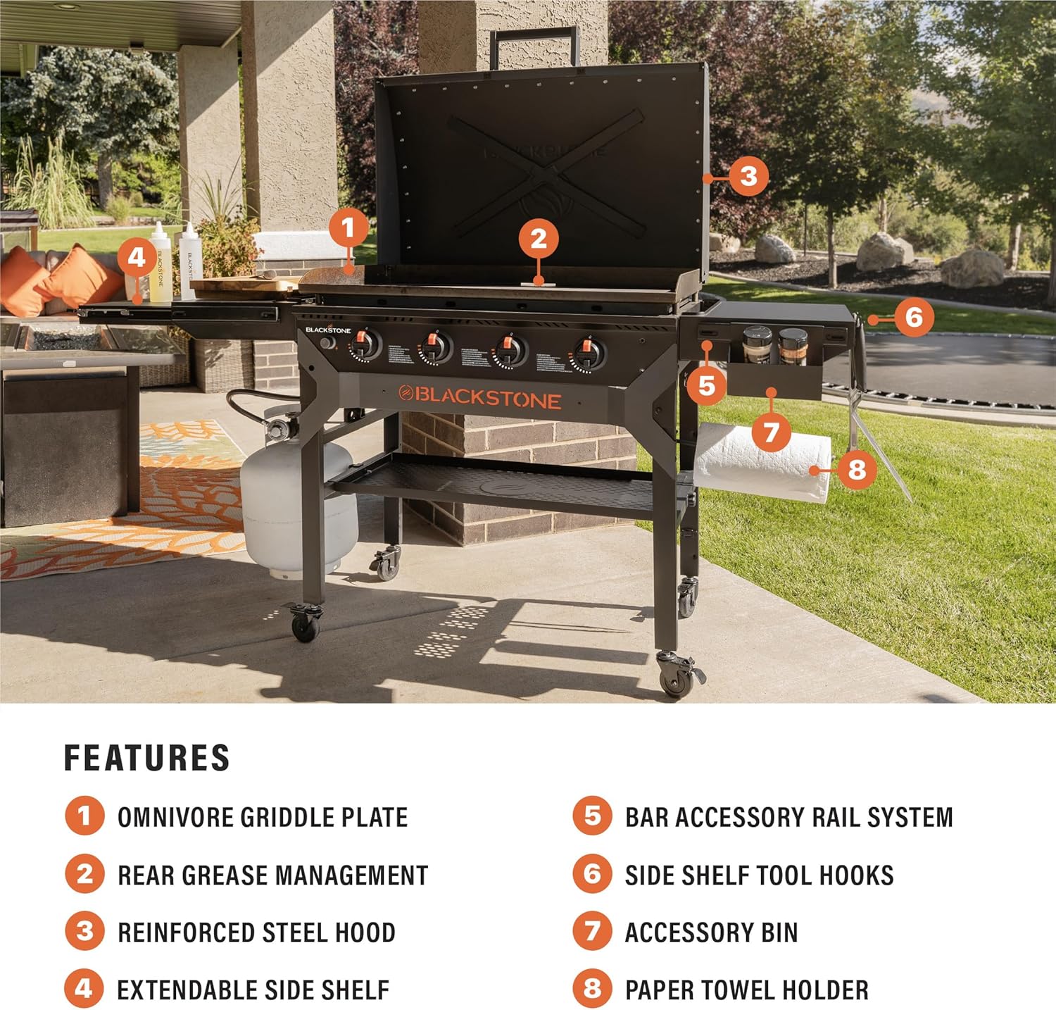 Blackstone 2310 Iron Forged 36 Omnivore Griddle with X-Braced Hood, Powder Coated Steel, Black 1 Blackstone 2310 Iron Forged 36” Omnivore Griddle with X-Braced Hood, Powder Coated Steel, Black