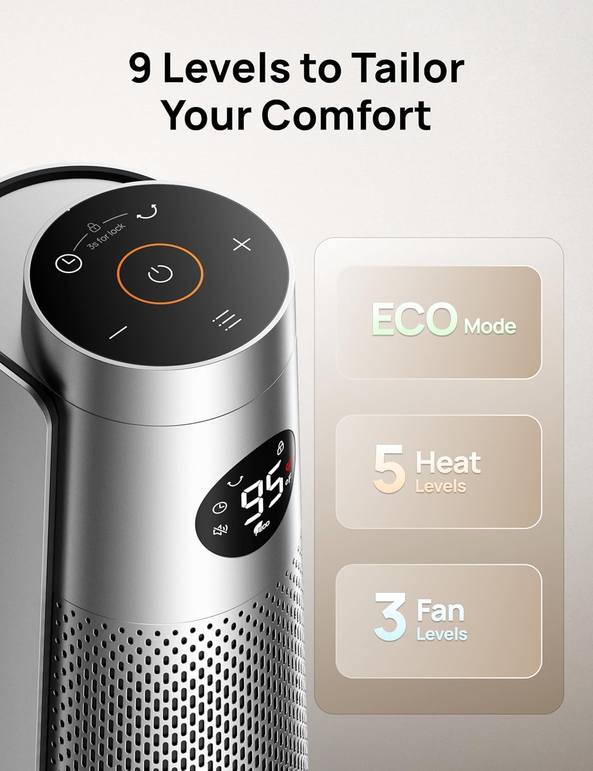Dreo Space Heater Indoor, 30 Electric Heaters with Remote, 120° Oscillation, Adjustable Thermostat, 5 Heat & 3 Fan levels, 8 Safety Protections, 25dB Quiet, 1-12H Timer, Large Room Bedroom, Silver8 Dreo Space Heater Indoor, 30" Electric Heaters with Remote, 120° Oscillation, Adjustable Thermostat, 5 Heat & 3 Fan levels, 8 Safety Protections, 25dB Quiet, 1-12H Timer, Large Room Bedroom, Silver