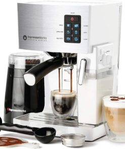 EspressoWorks 19-Bar Espresso, Latte and Cappuccino Maker 10-Piece Set - Brew Cappuccino and Latte with One Button - Espresso Machine with Milk Steamer 1250W - Coffee Gifts (White)