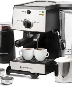 EspressoWorks All-In-One Espresso Machine with Milk Frother 7-Piece Set - Latte Maker Includes Grinder, Frothing Pitcher, Cups, Spoon and Tamper - Coffee Gifts (Stainless Steel)