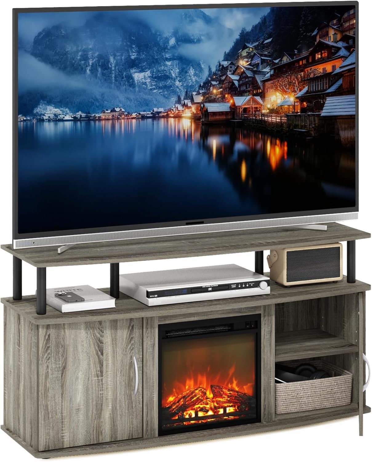 Furinno Jensen Living Room Fireplace Entertainment Center with Doors Storage Cabinet for TV up to 55 Inch, French Oak Grey Black Furinno Jensen Living Room Fireplace Entertainment Center with Doors Storage Cabinet for TV up to 55 Inch, French Oak Grey/Black