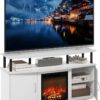 Furinno Jensen Living Room Fireplace Entertainment Center with Doors Storage Cabinet for TV up to 55 Inch, Solid White/Black