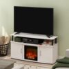 Furinno Jensen Living Room Fireplace Entertainment Center with Doors Storage Cabinet for TV up to 55 Inch, Solid White/Black