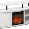 Furinno Jensen Living Room Fireplace Entertainment Center with Doors Storage Cabinet for TV up to 55 Inch, Solid White/Black