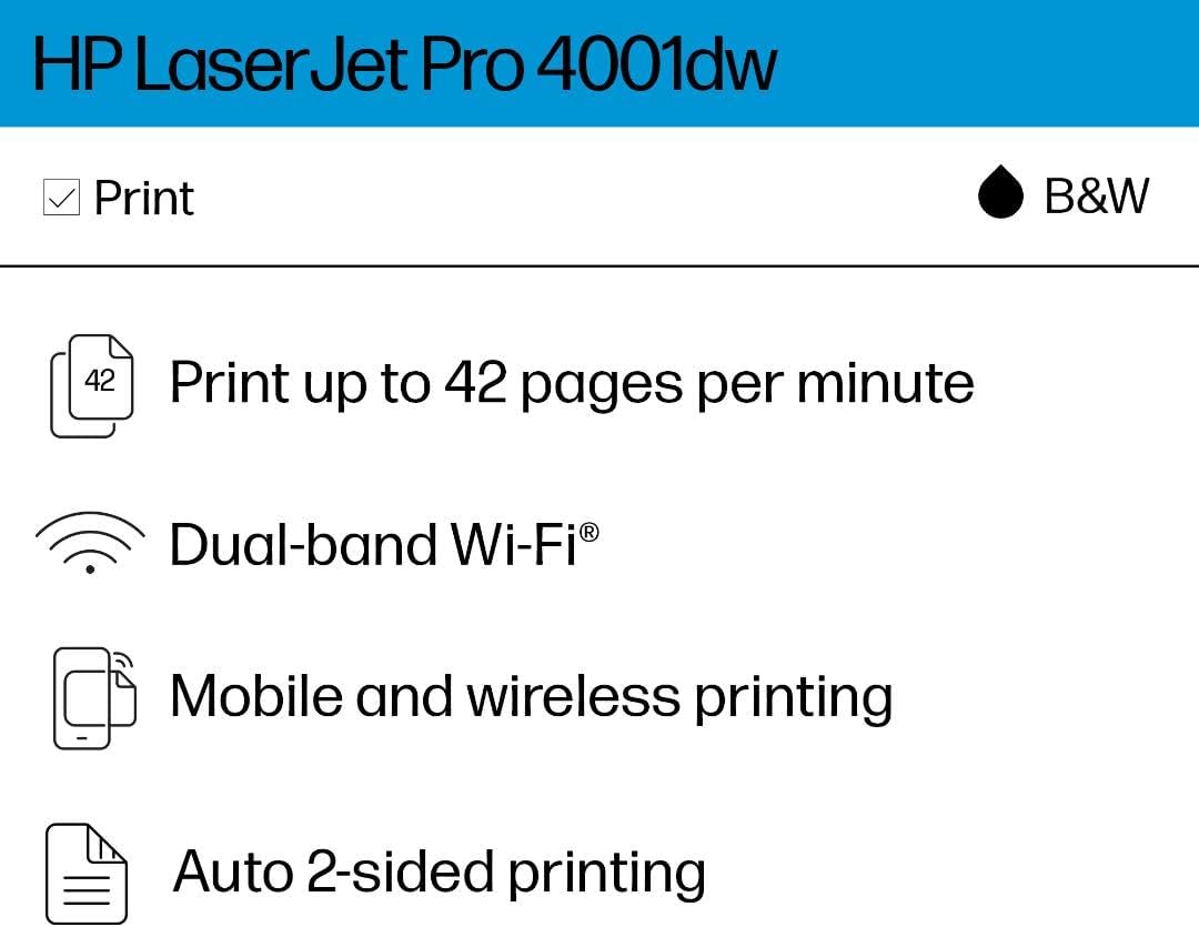 HP LaserJet Pro 4001dw Wireless Black & White Printer, Best-for-Office (2Z601F)1 HP LaserJet Pro 4001dw Wireless Black & White Printer, Best-for-Office (2Z601F)