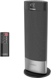 Lasko Ellipse Ceramic Tower Heater for Home with Tipover Switch, Child Lock, Digital Display, Thermostat, Wide Oscillation, Remote, Timer, For Bedroom, Office, Living Room, Den, 1500W, Black, CT18950