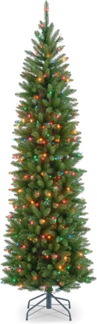 National Tree Company 7 ft Pre-Lit Kingswood Fir Slim Artificial Christmas Tree, 300 Multicolor Lights, 892 Tips, Includes Stand, Green