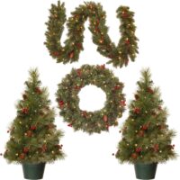 National Tree Company Pre-Lit Everyday Collection Artificial Christmas Decoration Set with LED Lights, Includes 2 Mini Christmas Trees,1 Wreath, and 1 Garland, Set of 4