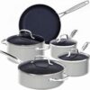 Nuwave 9pc Cookware Set Healthy Duralon Blue Ceramic Nonstick Coated, Diamond Infused Scratch-Resistant, PFAS Free, Oven Safe, Induction Ready & Evenly Heats, Tempered Glass Lids & Stay-Cool Handle, Cool Gray