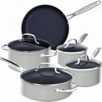 Nuwave 9pc Cookware Set Healthy Duralon Blue Ceramic Nonstick Coated, Diamond Infused Scratch-Resistant, PFAS Free, Oven Safe, Induction Ready & Evenly Heats, Tempered Glass Lids & Stay-Cool Handle, Cool Gray