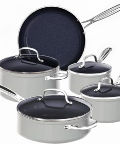Nuwave 9pc Cookware Set Healthy Duralon Blue Ceramic Nonstick Coated, Diamond Infused Scratch-Resistant, PFAS Free, Oven Safe, Induction Ready & Evenly Heats, Tempered Glass Lids & Stay-Cool Handle, Cool Gray