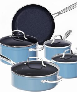 Nuwave 9pc Cookware Set Healthy Duralon Blue Ceramic Nonstick Coated, Diamond Infused Scratch-Resistant, PFAS Free, Oven Safe, Induction Ready & Evenly Heats, Tempered Glass Lids & Stay-Cool Handle