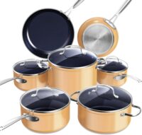 Nuwave Healthy Duralon Blue Ceramic Nonstick Cookware Set, Diamond Infused Scratch-Resistant, PFAS Free, Dishwasher & Oven Safe, Induction Ready & Evenly Heats, Tempered Glass Lids & Stay-Cool Handles, Apricot Orange