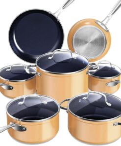 Nuwave Healthy Duralon Blue Ceramic Nonstick Cookware Set, Diamond Infused Scratch-Resistant, PFAS Free, Dishwasher & Oven Safe, Induction Ready & Evenly Heats, Tempered Glass Lids & Stay-Cool Handles, Apricot Orange