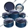 Nuwave Healthy Duralon Blue Ceramic Nonstick Cookware Set, Diamond Infused Scratch-Resistant, PFAS Free, Dishwasher & Oven Safe, Induction Ready & Evenly Heats, Tempered Glass Lids & Stay-Cool Handles, Deep Blue