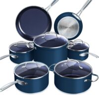 Nuwave Healthy Duralon Blue Ceramic Nonstick Cookware Set, Diamond Infused Scratch-Resistant, PFAS Free, Dishwasher & Oven Safe, Induction Ready & Evenly Heats, Tempered Glass Lids & Stay-Cool Handles, Deep Blue