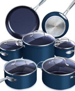 Nuwave Healthy Duralon Blue Ceramic Nonstick Cookware Set, Diamond Infused Scratch-Resistant, PFAS Free, Dishwasher & Oven Safe, Induction Ready & Evenly Heats, Tempered Glass Lids & Stay-Cool Handles, Deep Blue