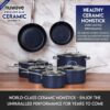 Nuwave Healthy Duralon Blue Ceramic Nonstick Cookware Set, Diamond Infused Scratch-Resistant, PFAS Free, Dishwasher & Oven Safe, Induction Ready & Evenly Heats, Tempered Glass Lids & Stay-Cool Handles, Deep Blue