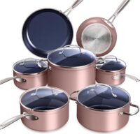 Nuwave Healthy Duralon Blue Ceramic Nonstick Cookware Set, Diamond Infused Scratch-Resistant, PFAS Free, Dishwasher & Oven Safe, Induction Ready & Evenly Heats, Tempered Glass Lids & Stay-Cool Handles, Dusty Pink