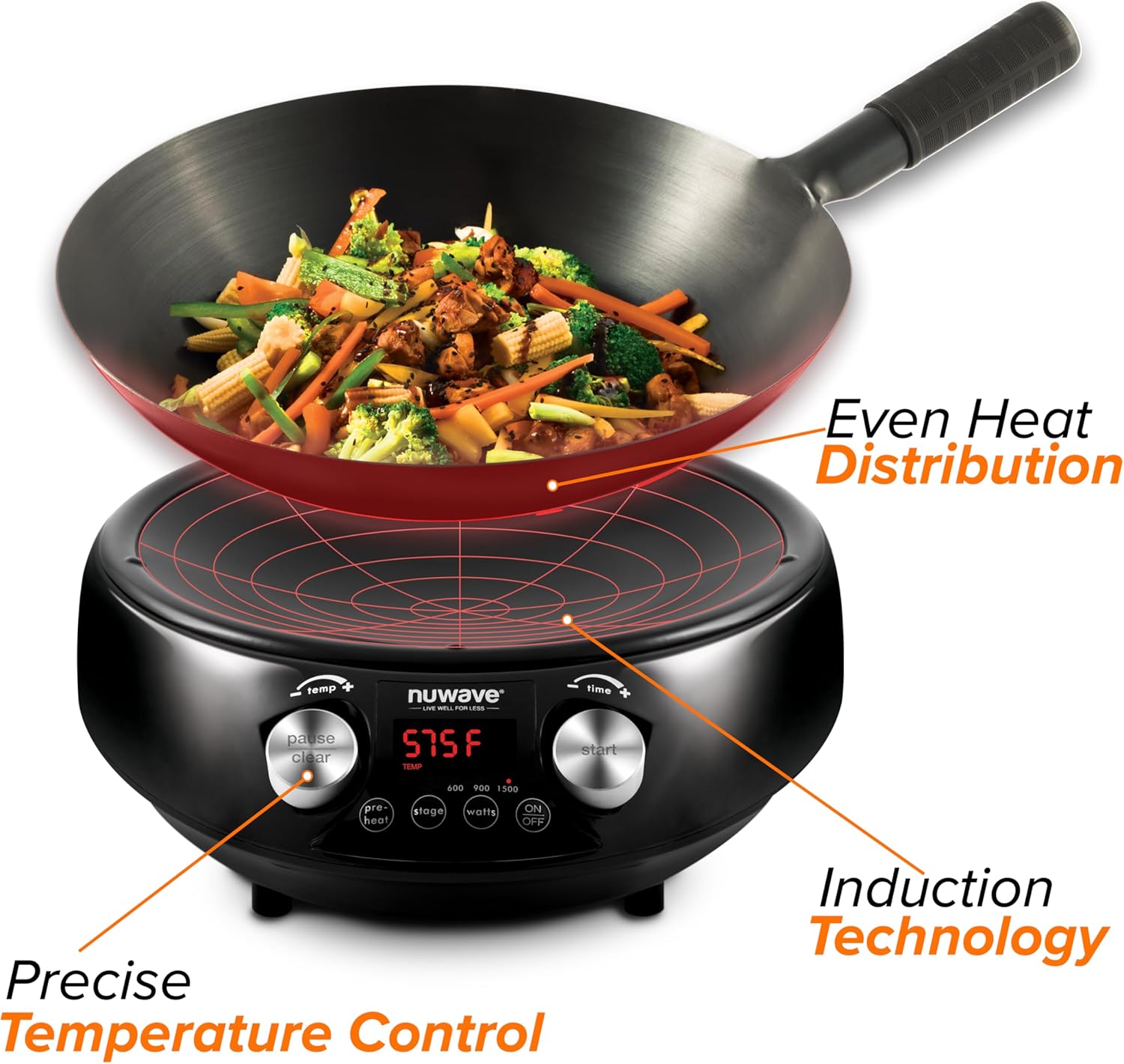 Nuwave Mosaic Induction Wok, Precise Temp Controls from 100°F to 575°F in 5°F, Wok Hei, Infuse Complex Charred Aroma & Flavor, 3 Watts 600,900 & 1500, Authentic 14-inch Carbon Steel Wok Included,Black1 Nuwave Mosaic Induction Wok, Precise Temp Controls from 100°F to 575°F in 5°F, Wok Hei, Infuse Complex Charred Aroma & Flavor, 3 Watts 600,900 & 1500, Authentic 14-inch Carbon Steel Wok Included,Black