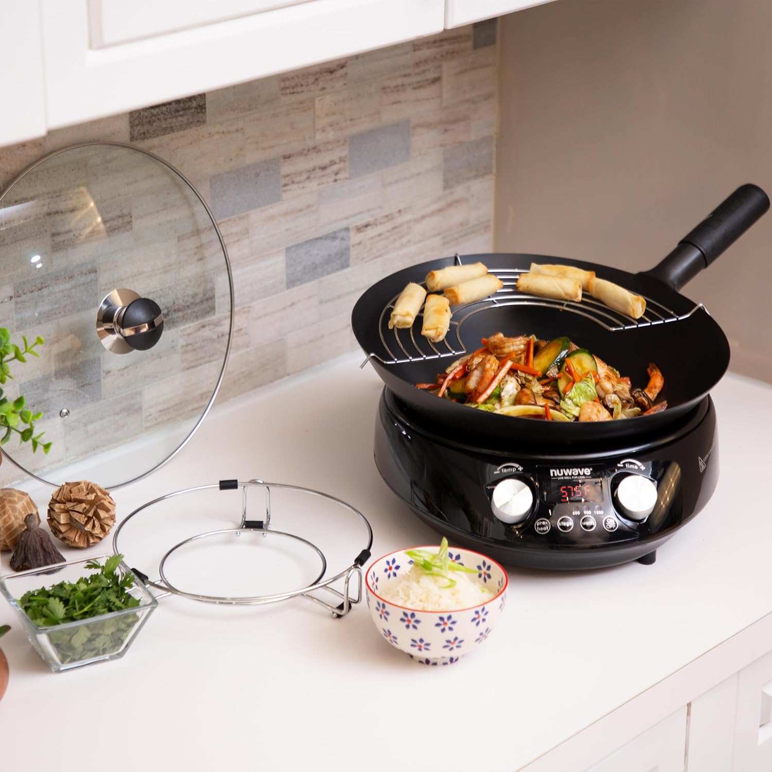 Nuwave Mosaic Induction Wok, Precise Temp Controls from 100°F to 575°F in 5°F, Wok Hei, Infuse Complex Charred Aroma & Flavor, 3 Watts 600,900 & 1500, Authentic 14-inch Carbon Steel Wok Included,Black23 Nuwave Mosaic Induction Wok, Precise Temp Controls from 100°F to 575°F in 5°F, Wok Hei, Infuse Complex Charred Aroma & Flavor, 3 Watts 600,900 & 1500, Authentic 14-inch Carbon Steel Wok Included,Black