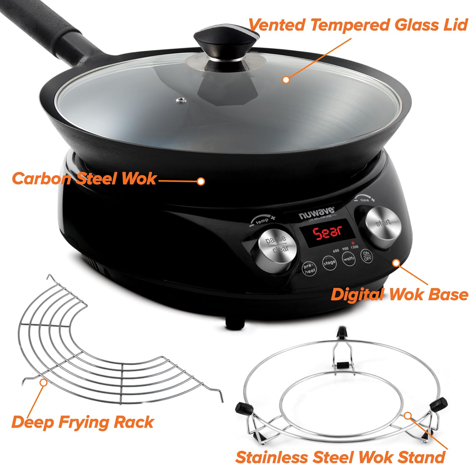 Nuwave Mosaic Induction Wok, Precise Temp Controls from 100°F to 575°F in 5°F, Wok Hei, Infuse Complex Charred Aroma & Flavor, 3 Watts 600,900 & 1500, Authentic 14-inch Carbon Steel Wok Included,Black6 Nuwave Mosaic Induction Wok, Precise Temp Controls from 100°F to 575°F in 5°F, Wok Hei, Infuse Complex Charred Aroma & Flavor, 3 Watts 600,900 & 1500, Authentic 14-inch Carbon Steel Wok Included,Black