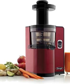 Omega Juicer Cold Press Vertical 43 RPM Slow Masticating Compact Juice Extractor for Fruits and Vegetables Quiet Operation with 3 Stage Auger Automatic Pulp Ejection and No-Drip Tap, 150-Watts, Red