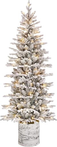 Puleo International 7.5ft Pre-Lit Potted Flocked Arctic Fir Pencil Christmas Tree with 230 Warm White Lights, 1943 Realistic Dense Snow Flocked Branch Tips, Easy Setup Artificial Trees, Sturdy Stand