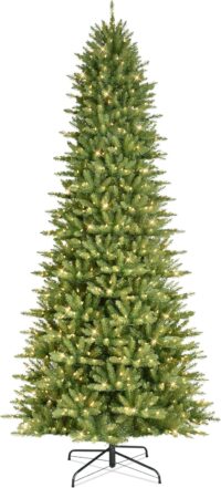 Puleo International 9ft Pre-Lit Slim Fraser Christmas Tree with 800 Clear Lights, 2093 Realistic Dense Branch Tips, Easy Setup Artificial Trees with Sturdy Metal Stand