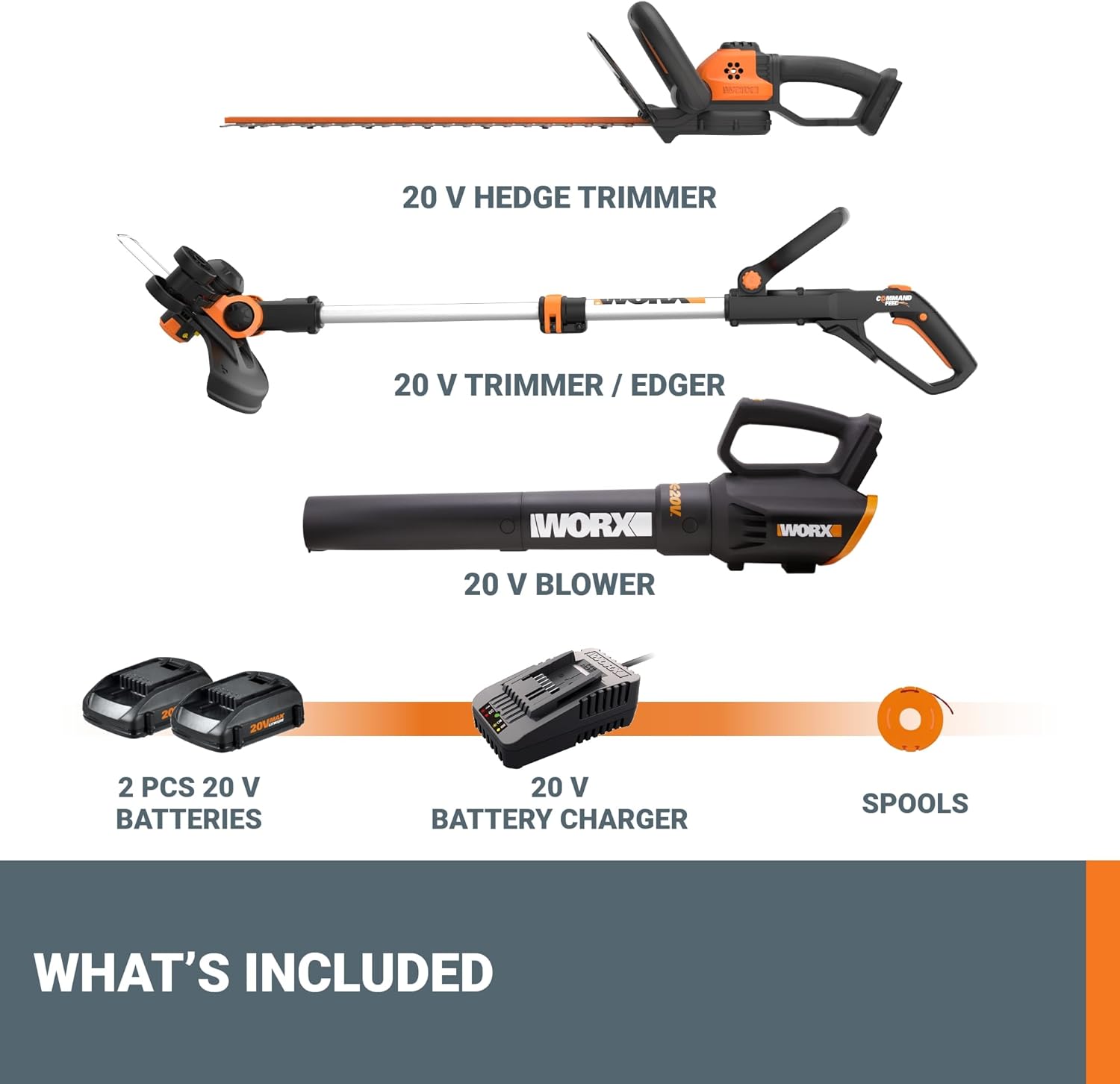 Worx 20V String Trimmer + Turbine Blower + Hedge Trimmer (Batteries & Charger Included)11 Worx 20V String Trimmer + Turbine Blower + Hedge Trimmer (Batteries & Charger Included)