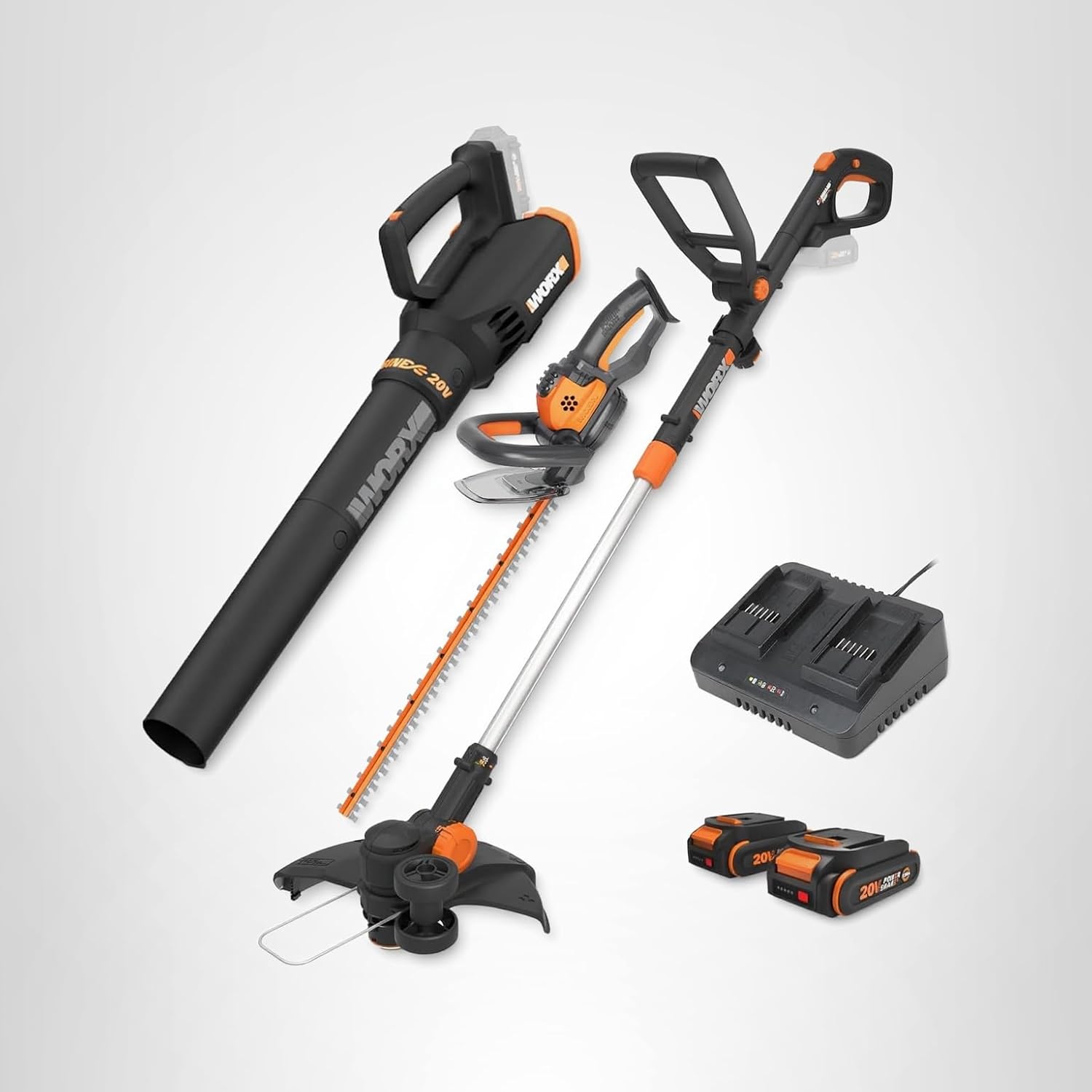 Worx 20V String Trimmer + Turbine Blower + Hedge Trimmer (Batteries & Charger Included)123 Worx 20V String Trimmer + Turbine Blower + Hedge Trimmer (Batteries & Charger Included)