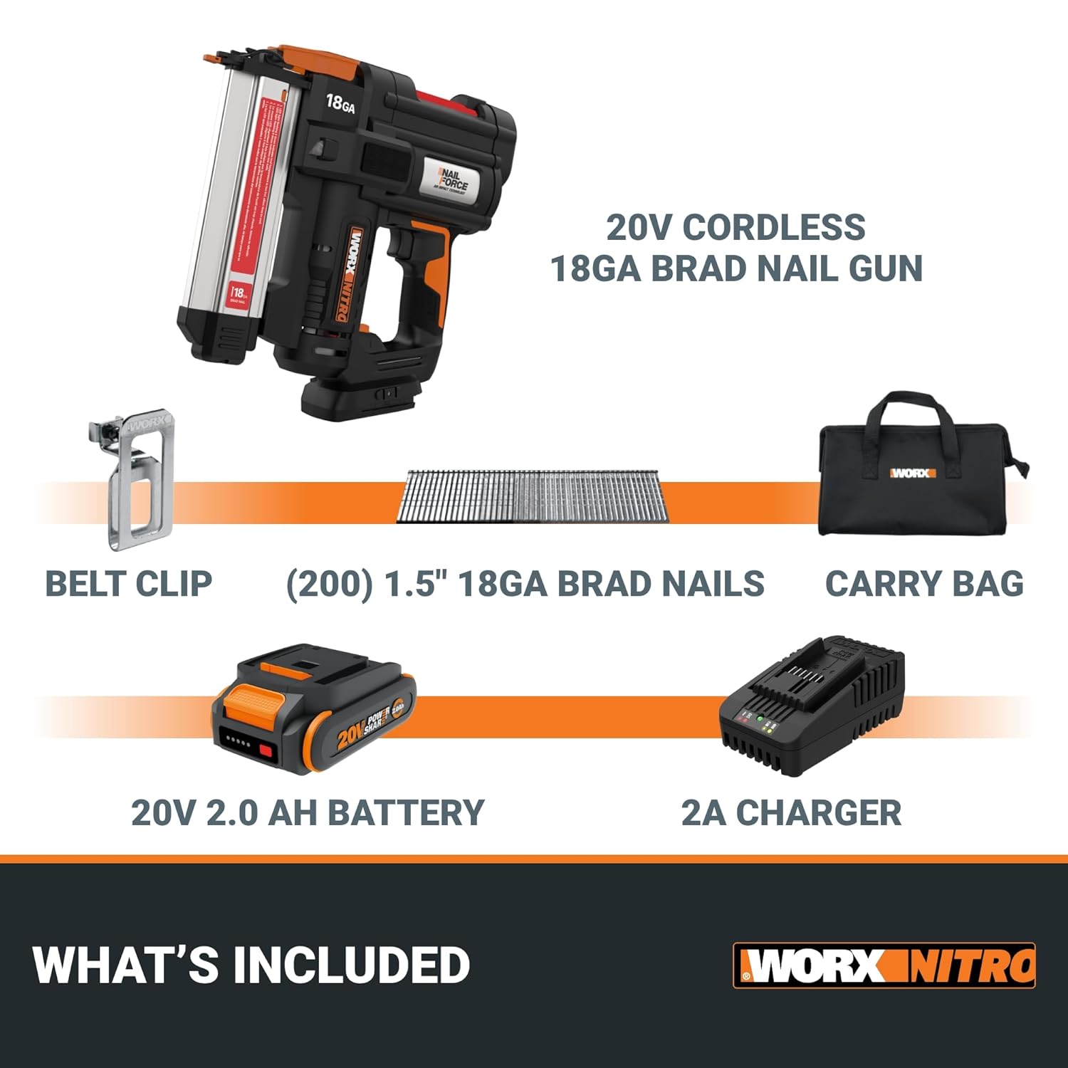 Worx Nitro 20V 18GA Cordless Brad Nailer, Cordless Nail Gun, Nail Gun Battery Powered, Up to 2 Inch, Tool-Free Jam Release, Trimming & Molding, Baseboard WX842L PowerShare – Battery, Charger Included6 Worx Nitro 20V 18GA Cordless Brad Nailer, Cordless Nail Gun, Nail Gun Battery Powered, Up to 2 Inch, Tool-Free Jam Release, Trimming & Molding, Baseboard WX842L PowerShare – Battery, Charger Included