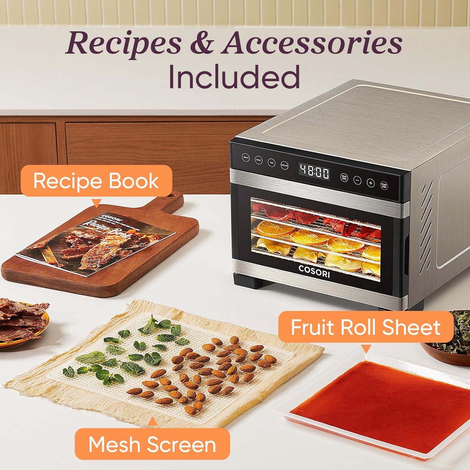 COSORI Food Dehydrator for Jerky, 176°F Temperature Control, 5 Stainless Steel Trays Dryer Machine, 4 Presets, 48H Timer, for Dog Treats, Meat, Fruit, Veggies, Snacks, Recipe Book Included11 COSORI Food Dehydrator for Jerky, 176°F Temperature Control, 5 Stainless Steel Trays Dryer Machine, 4 Presets, 48H Timer, for Dog Treats, Meat, Fruit, Veggies, Snacks, Recipe Book Included